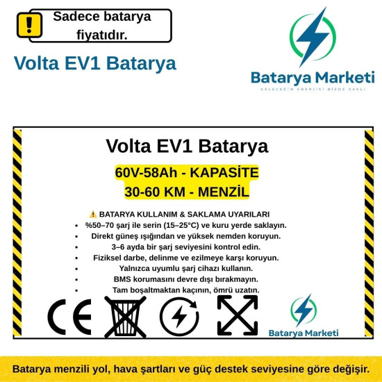 Volta EV1 Elektrikli Araç Bataryası - 60V 58Ah 30–60 km